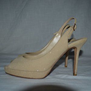 Sz 36.5 6.5 Jimmy Choo Beige Sparkle Peep Toe Sling Back Heels